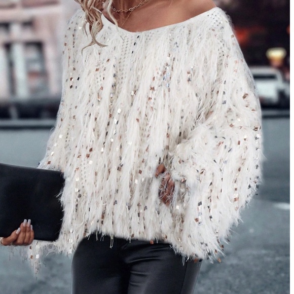 Cozy Fuzzy Multicolor Tassel V neck Loose Fit Sweater Top - Picture 4 of 8